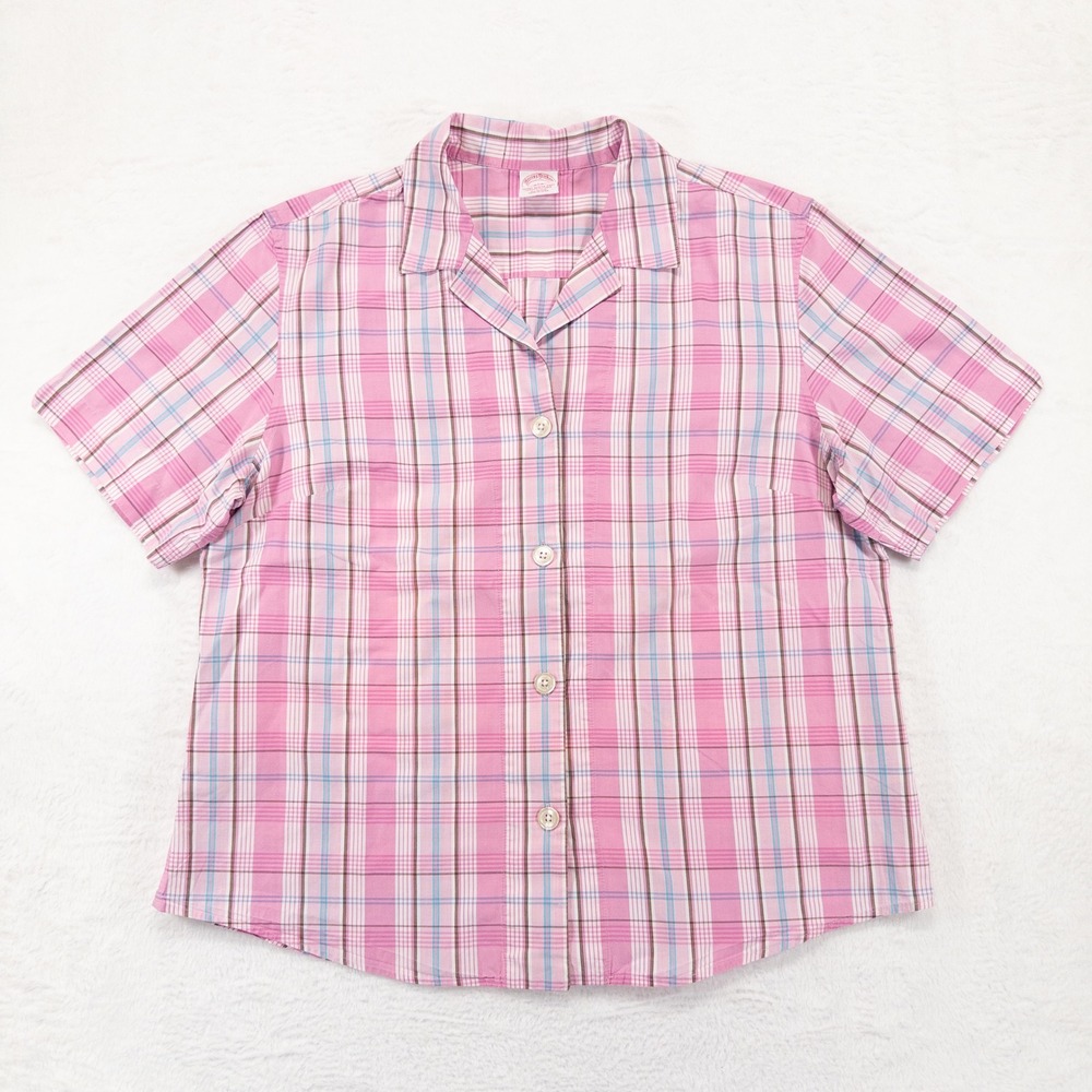 Brooks Brothers Womens Pajama Top L Pink Plaid Short Sleeve Cotton Sleep Shirt